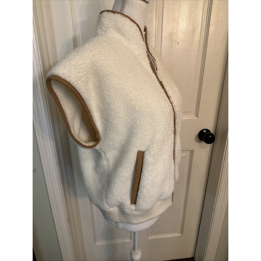 Vineyard Vines Full Zip Cream Plush Vest Brown Trim Wool Ribbed Pockets Sz Small - Picture 6 of 13